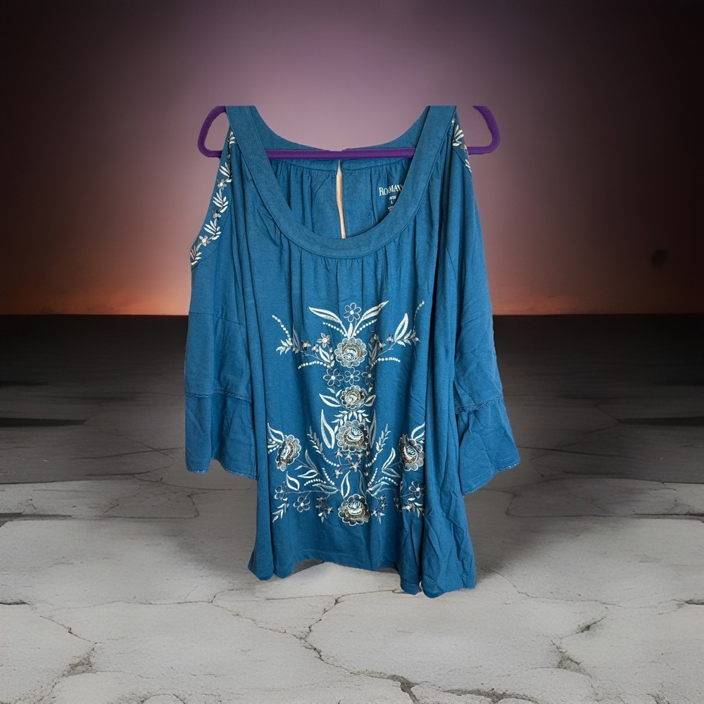Roaman's Teal Embroidered Bell Sleeve Boho Tunic Blouse Size 18/20 L